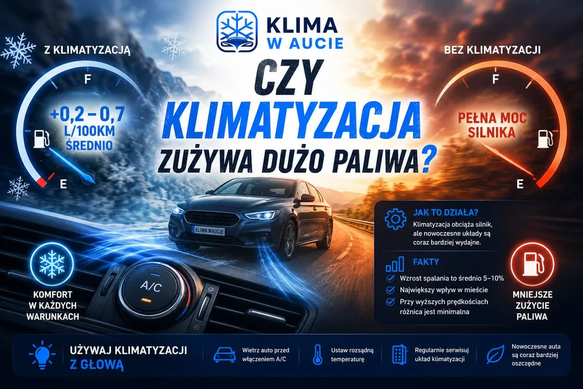 Porównanie zużycia paliwa z klimatyzacją i bez: średnio 0,2-0,7 litra na 100 km przy zachowaniu komfortu jazdy