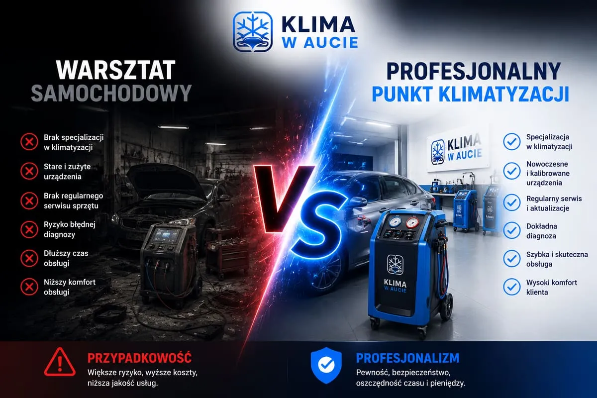 Porównanie: przypadkowy warsztat samochodowy kontra profesjonalny punkt serwisu klimatyzacji Klima w Aucie