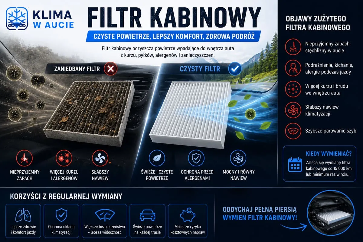 Porównanie zaniedbanego i czystego filtra kabinowego oraz objawy zużycia: zapach, słabszy nawiew, parowanie szyb