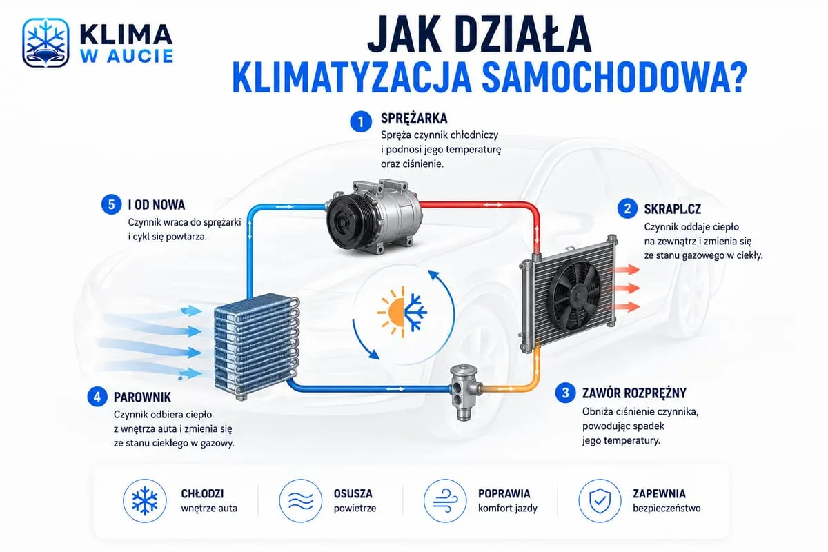 Infografika: obieg czynnika w klimatyzacji samochodowej, sprężarka, skraplacz, zawór rozprężny i parownik połączone w zamknięty cykl na tle auta