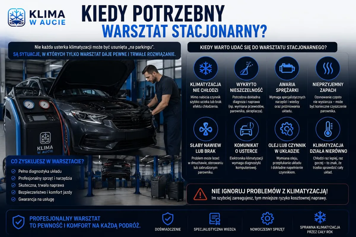 Infografika: kiedy potrzebny warsztat stacjonarny, mechanik przy aucie z otwartą maską i osiem sytuacji od braku chłodzenia po awarię sprężarki