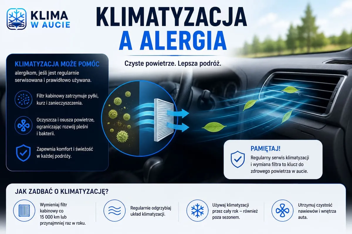 Infografika: klimatyzacja a alergia, filtr kabinowy zatrzymujący pyłki przed nawiewem oraz zasady dbania o czyste powietrze w aucie