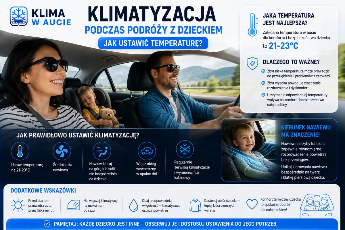 Rodzina w samochodzie w podróży z dzieckiem, zalecane ustawienie klimatyzacji na 21-23 stopnie i nawiew nie wprost na dziecko