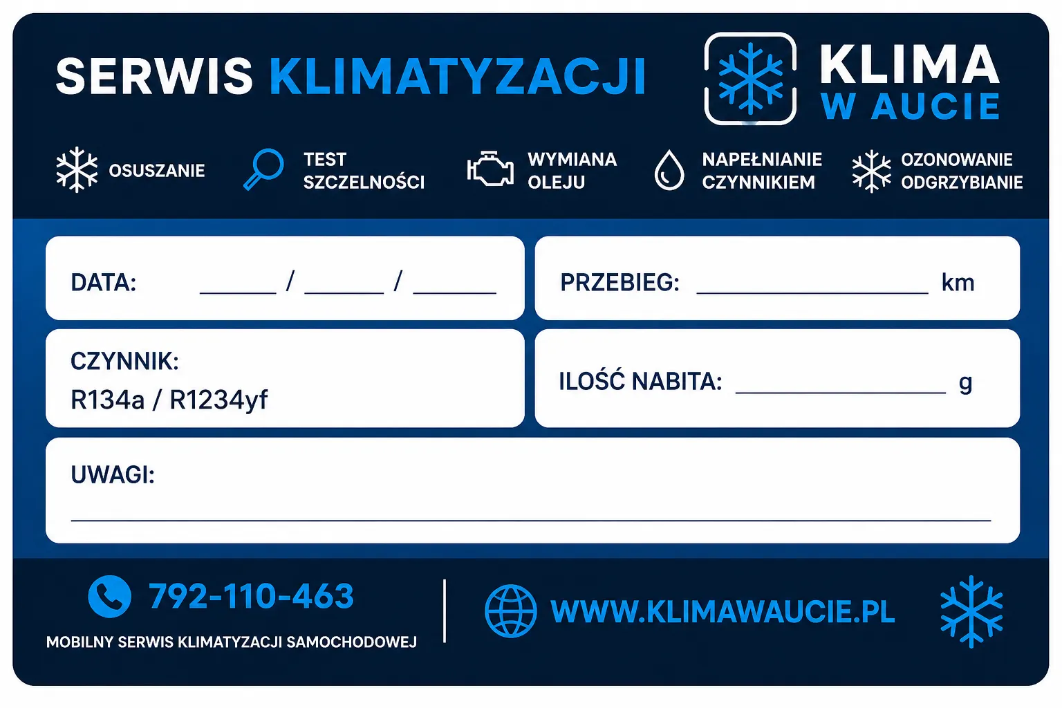 Nalepka serwisowa Klima w Aucie z datą serwisu, rodzajem czynnika i nabitą ilością