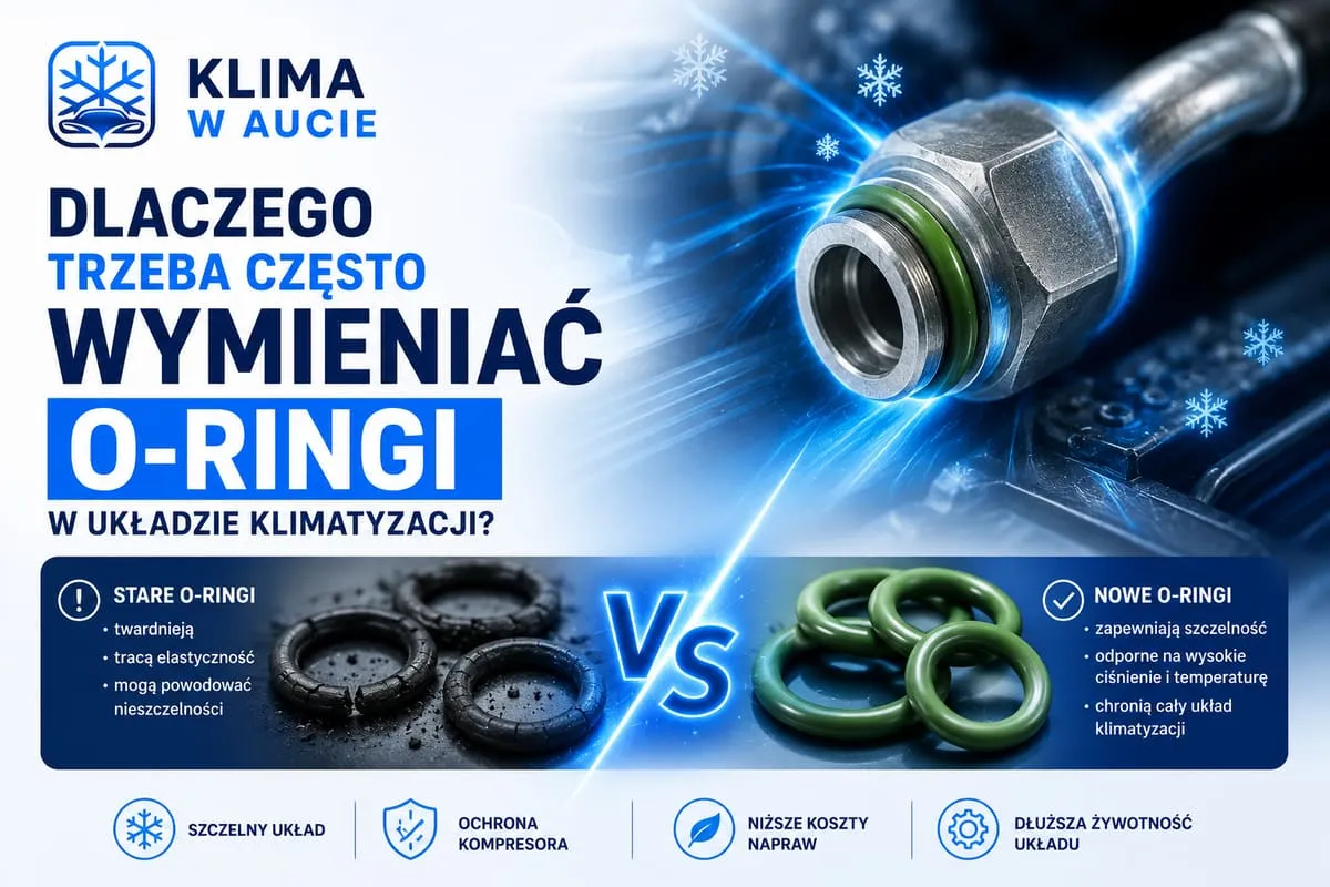 Stare popękane i nowe o-ringi do klimatyzacji samochodowej, porównanie zużycia uszczelnień