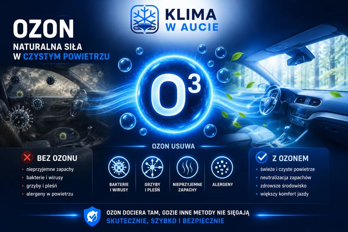 Infografika o ozonie O3 usuwającym bakterie, grzyby, alergeny i nieprzyjemne zapachy z wnętrza samochodu