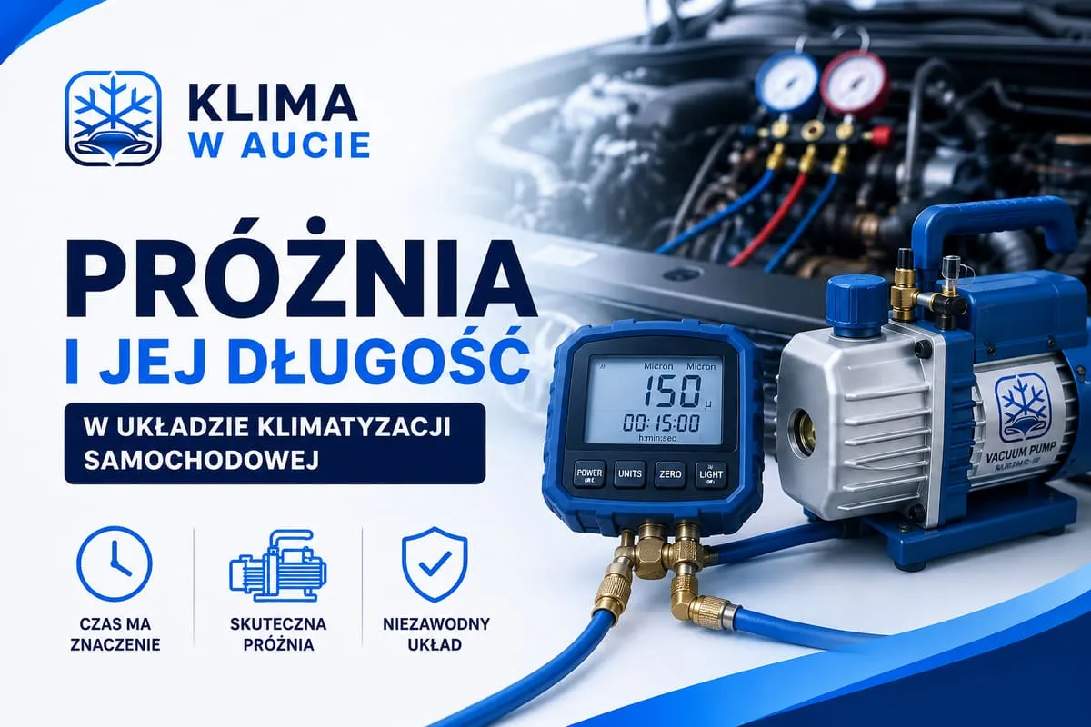 Cyfrowy miernik próżni pokazujący 150 mikronów i pompa próżniowa podłączona do klimatyzacji samochodowej