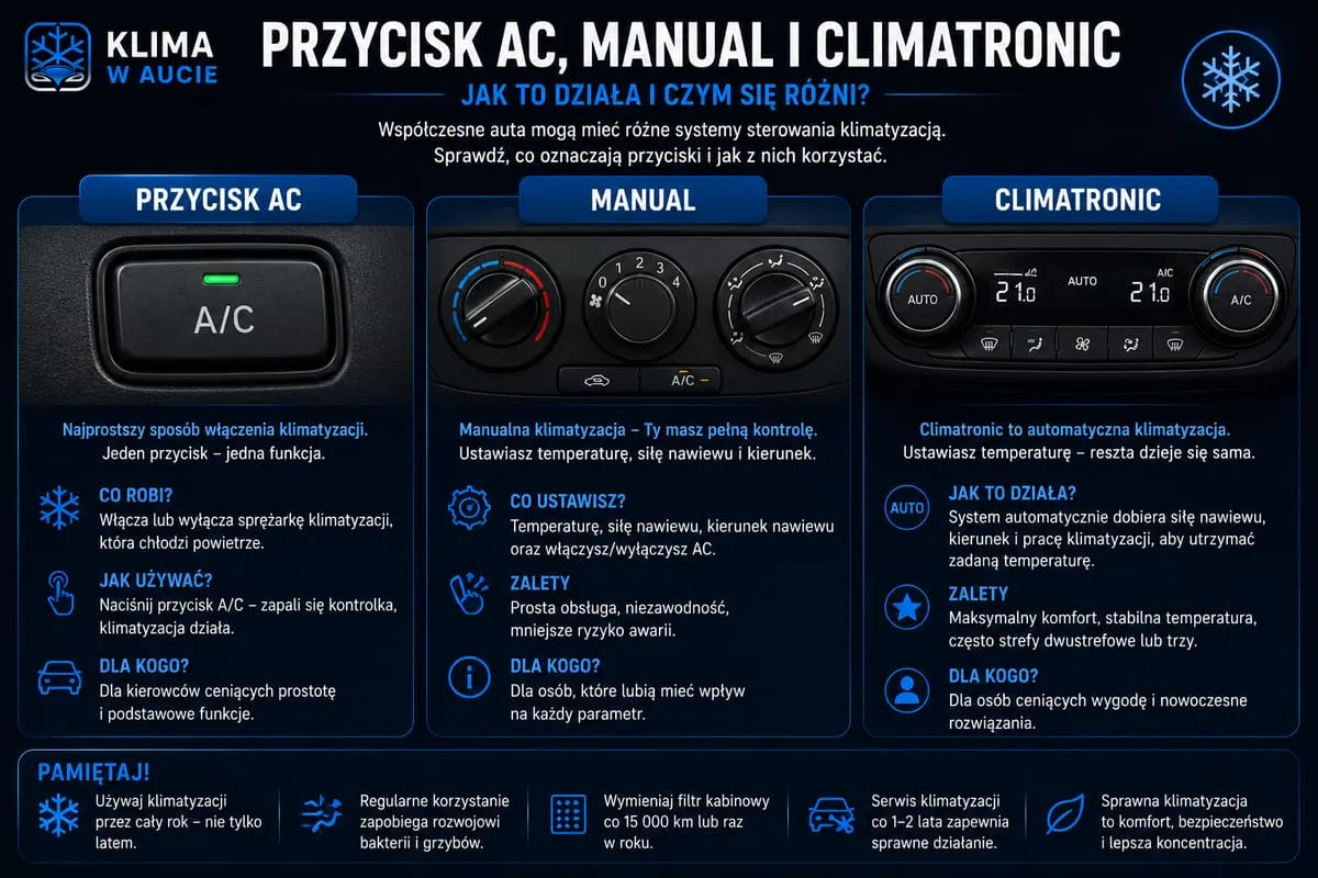 Infografika: trzy sposoby sterowania klimatyzacją w aucie, przycisk AC, panel manualny z pokrętłami i automatyczny Climatronic, z opisem działania każdego
