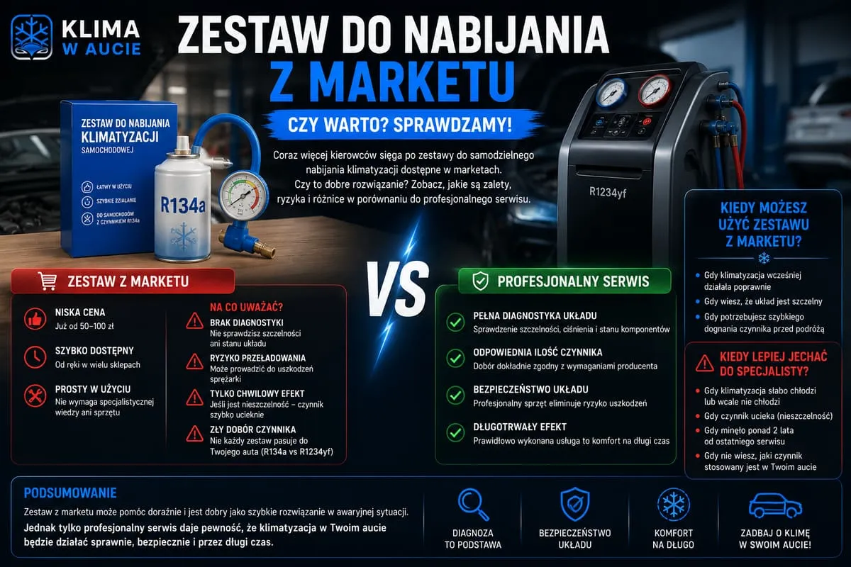 Infografika: marketowy zestaw do nabijania klimatyzacji z puszką R134a i manometrem kontra profesjonalna stacja serwisowa, porównanie ryzyk i zalet